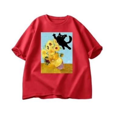 Imagem de Camiseta Feminina De Verão Com Estampa De Gato E Girassóis, Estilo Vin