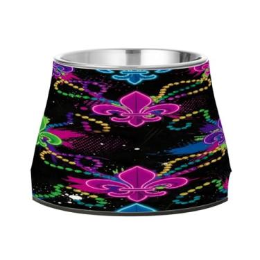 Imagem de CEBUGI Tigelas de aço inoxidável para cães e gatos, resistentes à ferrugem, removíveis, para animais de estimação elevadas, antiderrapante, para alimentação de cães e gatos, estampa flor-de-lis