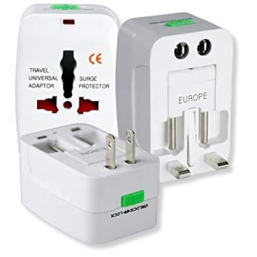 Imagem de Adaptador de Tomada Universal Para Viagem Padrão Internacional Europa UK Asia EUA JP AU EU Europeu 3 Pinos Mais de 150 Países Bivolt Trava de Segurança Portátil Ajustável Super PREMIUM