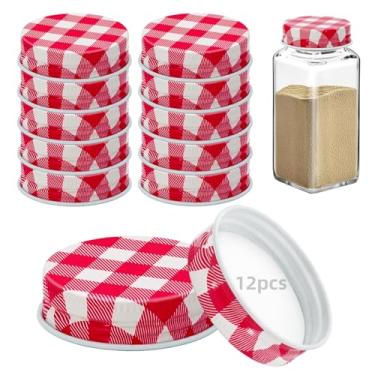 Imagem de 12 tampas de potes de ferro para potes quadrados de 113 g e 170 g reutilizáveis latas herméticas de armazenamento de especiarias para cozinha de vedação agradável (grade vermelha)