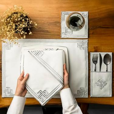 Imagem de Jogo americano bordado com design de rolagem prata, tapetes de mesa de linho branco com borda decorativa, elegante conjunto de roupa de mesa de jantar, jogo americano islâmico, Granada para 6 pessoas