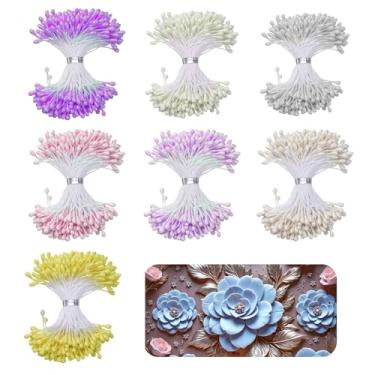 Imagem de 840 peças de estames de flores, estames coloridos de 3 mm para fazer flores, estame de flores de pérola artificial de duas cabeças para cartão, buquê de casamento, álbum de recortes, criação de botões