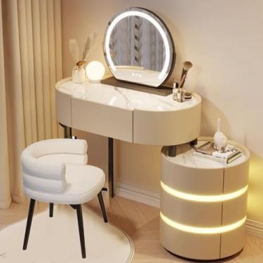 Imagem de Mesa pequena com espelho e luzes - 3 modos de luz ajustáveis, mesa de maquiagem com gavetas, inclui espelho de maquiagem de LED e cadeira para conjunto de penteadeira de quarto