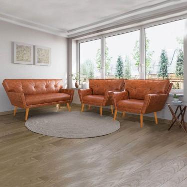 Imagem de Sofá Namoradeira E 2 Poltronas Pé Palito Madeira Anitta Sintético Pu Nozes D03 - D`rossi