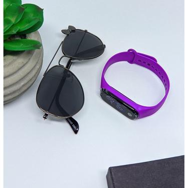 Imagem de Kit Relógio Led Infantil Band Bracelete Silicone Menina + Óculos de Sol Aviador Lacinho Flexível aço Proteção Uv400