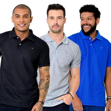 Imagem de Kit 3 Camisas Gola Polo Masculina Piquet Lisa Camisaria Colombo, Preto