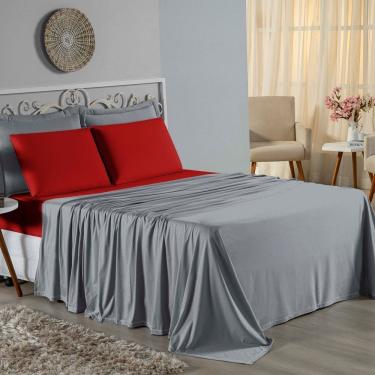 Imagem de Jogo De Cama King Nobre 4 Peças Lençol Com Elástico De 30cm De Altura Malha 100% Algodão - Cinza / Vermelho