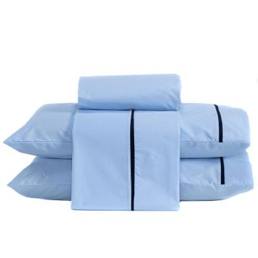 Imagem de Jogo De Cama Lençol Casal Padrão Milano Liso Com Fronhas Viés 04 Peças - Percal Algodão 200 Fios Cor Azul
