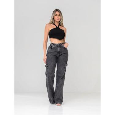 Imagem de Calça Wide Leg Cargo Feminina  Jeans Grafite Chumbo Marmorizado, Cintu
