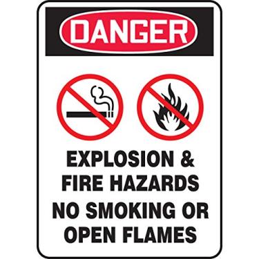 Imagem de Accuform Placa de vinil adesiva MCHL243VS "DANGER EXPLOSION & FIRE HAZARDS NO FARQUE OU ABERTO CHAMAS, vermelho/preto sobre branco, 25,4 cm x 17,78 cm
