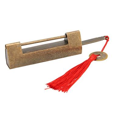 Imagem de Cadeado antigo, cadeado chinês de latão esculpido estilo antigo com chave, vintage decorativo requintado de latão para caixa de joias, armário, caixa de madeira antiga, decoração de casa (bronze)