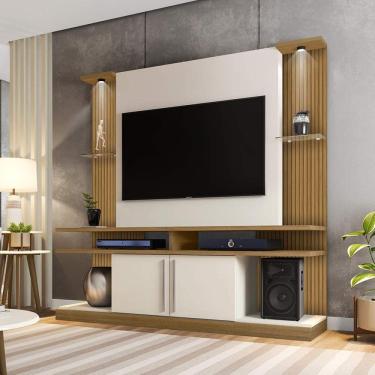 Imagem de Estante Home York com LED e Prateleiras de Vidro Tradicional Moderno Móveis Bechara Cinamomo/Off White/Ripado