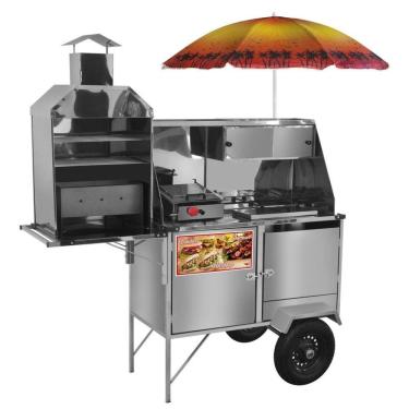 Imagem de Carrinho de Hot Dog + Lanche + Churrasco Luxo com Rodas Pneumáticas e Guarda Sol - Cefaz