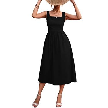 Imagem de Vestido feminino decote quadrado, vestidos maxi de verão, cor sólida, sem mangas, vestido casual solto com fecho de correr para uso diário, festa(S-Preto)