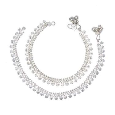 Imagem de Duel On Jewel Par de tornozeleiras femininas étnicas indianas tradicionais com design de borda curva, sinos macios, fácil de usar, ajuste confortável, acabamento prateado, 24 cm, perfeito para