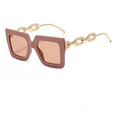 Imagem de Óculos de sol femininos masculinos vintage quadrados de simplicidade clássica pernas de corrente de metal design grandes óculos de sol com listras verdes tons, chá cáqui, tamanho único