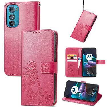 Imagem de Capas de telefone de negócios da moda compatíveis com Motorola Edge 30 Edge30 capa de couro com slots magnéticos para cartão clipe de carteira capa de telefone à prova de choque (rosa vermelha, Motorola Edge 30)