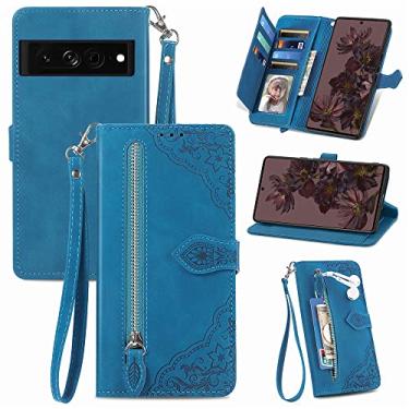 Imagem de Capas de telefone com compartimentos para cartão de luxo Google Pixel 7 7 Pro capa de couro cordão de negócios suporte com zíper carteira clipe para telefone Google Pixel 7 7 Pro capas (azul, Google Pixel 7)