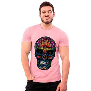 Imagem de Camiseta Algodão Caveira Mexicana Colorida Shap Life T-Shirt Cor:Rosa;Tamanho:GG