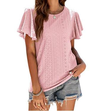 Imagem de Camiseta feminina manga com babados vazada casual top verão manga curta ajuste solto blusa tops manga redonda doce camisa, rosa, P