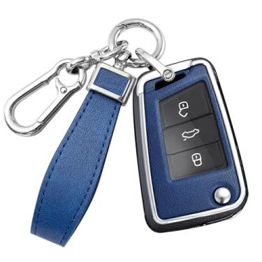 Imagem de HIBEYO Capa de chave para VW Golf 7 Capa de chave de carro para Volkswagen Polo Tiguan MK7 Sagitar T-ROC Lavida acessórios com chaveiros liga PU material de couro protetor porta-chave - azul prateado