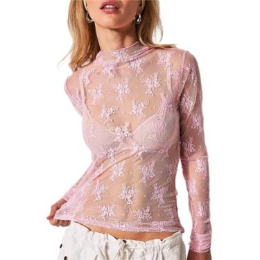 Imagem de PAODIKUAI Blusa feminina de malha transparente gola alta de renda com camadas de manga comprida, blusa de malha transparente, rosa, P