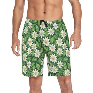Imagem de CHIFIGNO Calça de pijama masculina para dormir, short de pijama elástico com bolsos e cordão, Margaridas brancas, folhas verdes, GG