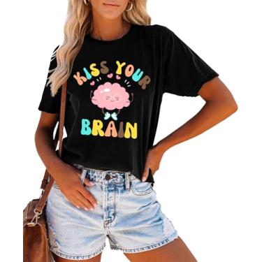 Imagem de Camisetas femininas com estampa gráfica Kiss Your Brain Retro Teaching Life Inspirational, Preto, XXG