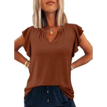 Imagem de YAV Camisetas femininas básicas de verão, gola V, casual, manga curta e sem mangas, caimento solto, camisetas femininas modernas, 2 caramelo, P