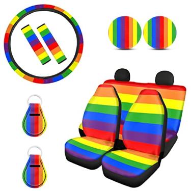 Imagem de Biyejit Rainbow LGBTQ Gay Pride Capas de assento de carro coloridas e capa de volante conjunto completo para mulheres e homens com capa de cinto de segurança/porta-copos para copos/chaveiros