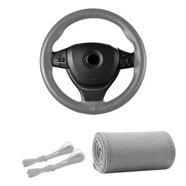 Imagem de Kewucn Capa de volante de couro genuíno, protetor universal de volante de carro de 15 polegadas com linha de agulha, capa de volante antiderrapante respirável DIY Stitch on Wrap (cinza, furo completo)