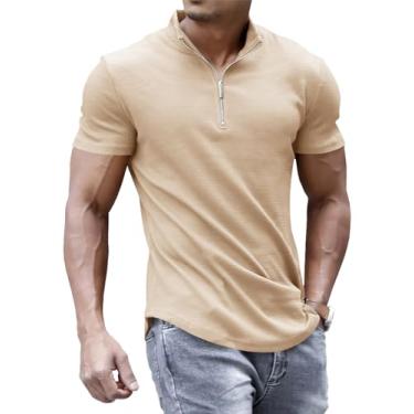 Imagem de ZIWOCH Camisetas polo masculinas com zíper slim fit de malha manga curta casual para golfe com nervuras elásticas macias, Bege, GG