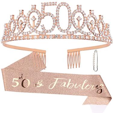 Imagem de Kit de tiara e faixa de aniversário "50 & Fabulous" - Presentes de aniversário de 50 anos para mulheres Decorações de festa de 50 anos (ouro rosa)
