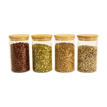 Imagem de Kit com 4 Potes de Vidro para Mantimentos com Tampa de Bambu 600mL - O
