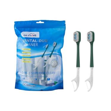 Imagem de dr.@home Denal Duo Conjunto descartável de cuidados bucais para viagem, enxaguante bucal pré-carregado, escova de dentes com fio dental, palheta e raspador de língua | Escova de dentes descartável