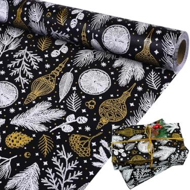 Imagem de Papel de embrulho de Natal, rolo de papel de embrulho Kraft preto e dourado, rolo jumbo de papel de embrulho de Natal, papel de embrulho preto e branco para Natal, inverno, férias, aniversário, 43 cm
