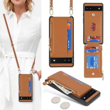 Imagem de Cavor Capa carteira para Google Pixel 6a, capa transversal para Pixel 6a com alça, capa carteira de telefone para mulheres, bolso com zíper de couro, porta-cartões - marrom