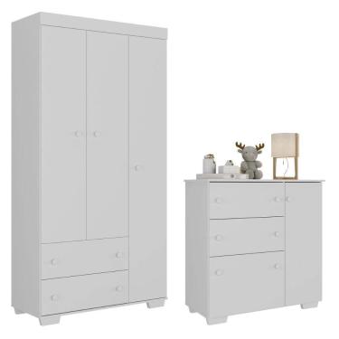 Imagem de Guarda-roupas 3 Portas 2 Gavetas Com Cômoda 1 Porta 3 Gavetas Algodão Doce Multimóveis Mp4251 Branco