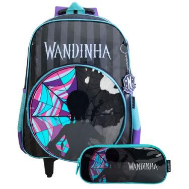 Imagem de Kit Mochila Escolar De Rodinhas Com Estojo Duplo Wandinha - Luxcel, Es