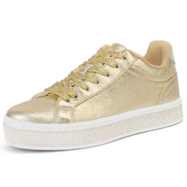 Imagem de GOSERCE Tênis feminino moderno com glitter brilhante strass plataforma tênis moderno bonito confortável casual elegante casamento noiva caminhada concerto outono, Dourado, 40
