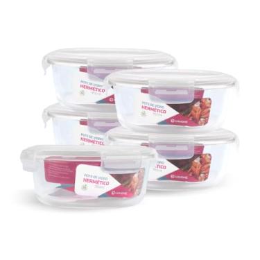 Imagem de Kit 5 Potes de Vidro Redondo com Tampa Hermética 950ml (Branco)