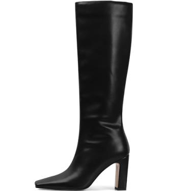 Imagem de Lovee Cosee Botas De Couro Pretas Para Mulheres, Botas Altas Até O Joelho Para Mulheres, Bico Quadrado, Salto Grosso, Botas Gogo, Salto Bloco Largo, Botas De Outono, Vestido, Sexy, Moda, Botas De Inve