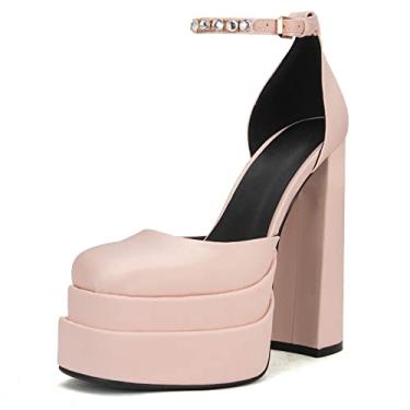 Imagem de THESHY Sapato feminino plataforma salto alto bloco salto alto tira no tornozelo fivelas cunha vestido sapato moderno para mulheres, Champanhe, 8