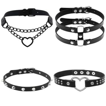 Imagem de Tosmifairy 4 gargantilhas de couro sintético com pingentes de coração, punk gótico emo preto PU para mulheres, One Size, Couro sintético, Sem Pedra Preciosa