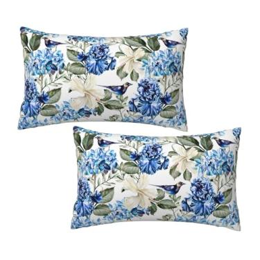 Imagem de Conjunto de 2 capas de almofada azuis e brancas, 30,5 x 50,8 cm, flores florais de hortênsia, decoração ao ar livre, para sofá-cama, sofá, almofada, decoração de casa