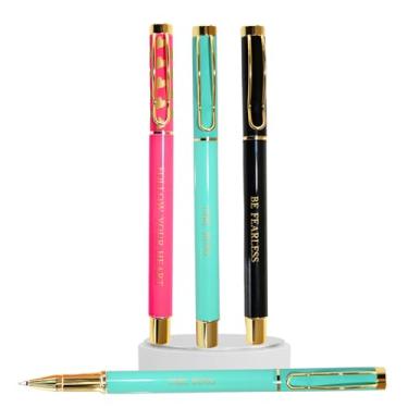 Imagem de Conjunto de canetas Girl Boss – Pacote com 3 canetas de metal com citações inspiradoras em rosa, azul-petróleo e preto | presente para mulheres, chefes, novos empregos, formatura e promoções | Tinta