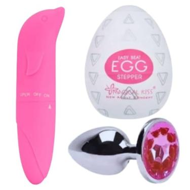 Imagem de Kit Vibrador Golfinho Feminino Ponto G + Masturbador Masculino Ovo Egg + Plugue Anal - Sex Shop Casal (Pink, Plug P)
