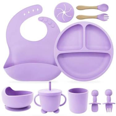 Imagem de Kit Introdução Alimentar Bebê 8 Peças Prato + Bowl Babador Copo + Tampa com Canudo + 2 Talheres + 2 Talheres Ponta Silicone Cabo de Madeira 100% Silicone Antitóxico Premium (Lilás)