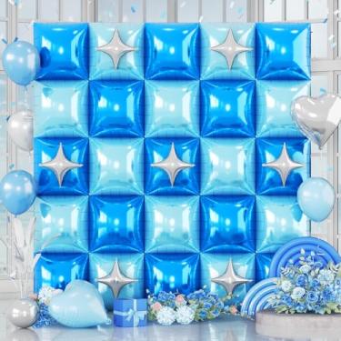 Imagem de 32PCS Navy Blue Light Blue Square Foil Balloons Wall with Silver Star Foil Balloon, Double Sided Metallic Blue Silver Balloon Backdrop Tunnel Arch for Under the Sea Ocean Birthday Graduate Baby Shower