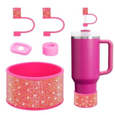 Imagem de Conjunto de acessórios de copo Stanley de strass, incluindo capas de canudo brilhante de 1 cm, tampa à prova de derramamento, bota de silicone com glitter de diamante para acessórios Stanley 1,134 g